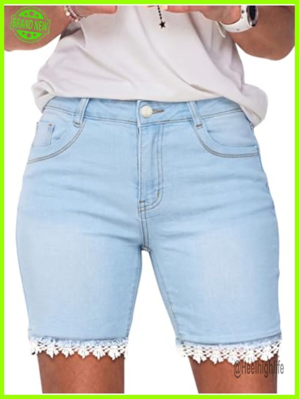 Lace Trim Bermuda Jean Shorts Raw Hem Mid Rise Cotton Denim